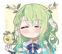 Rule 34 | 1girl, = =, antlers, apple, blue nails, blush stickers, braid, braided bangs, bridal gauntlets, brooch, ceres fauna, chibi, closed mouth, commentary, english commentary, fingernails, flower, food, fruit, green hair, hair between eyes, hair flower, hair ornament, hololive, hololive english, horns, jewelry, kukie-nyan, long hair, mole, mole under eye, nail polish, one side up, single braid, smile, solo, upper body, virtual youtuber