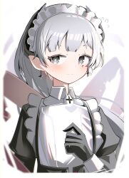 Rule 34 | 1girl, absurdres, arknights, black dress, black gloves, blush, closed mouth, dress, flying sweatdrops, gloves, grey eyes, grey hair, hand up, highres, irene (arknights), irene (voyage of feathers) (arknights), juliet sleeves, long hair, long sleeves, maid, maid headdress, pointy ears, ponytail, puffy sleeves, solo, spam (spamham4506), upper body, very long hair