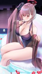 Rule 34 | 1girl, armchair, azur lane, bare shoulders, blush, breasts, building, cafenami, chair, cleavage, closed mouth, collarbone, duca degli abruzzi (azur lane), duca degli abruzzi (lustrous onyx sirenetta) (azur lane), earrings, elbow gloves, feet out of frame, gloves, hair ornament, hairclip, halo, highres, jewelry, large breasts, legs, lips, looking at viewer, medium hair, night, night sky, official alternate costume, on water, one-piece swimsuit, petals, pink hair, pool, purple gloves, purple one-piece swimsuit, red eyes, single glove, sitting, sky, smile, solo, swimsuit, thighs