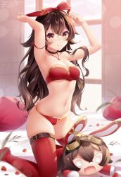 Rule 34 | 1girl, amber (genshin impact), arm strap, armpits, arms up, bare arms, bare shoulders, baron bunny (genshin impact), bed sheet, black choker, bra, breasts, brown hair, choker, cleavage, genshin impact, gold trim, hair ribbon, jewelry, kneeling, leg belt, long hair, looking at viewer, medium breasts, navel, necklace, no shoes, on bed, panties, petals, red bra, red eyes, red panties, red thighhighs, ribbon, rimuu, skindentation, smile, solo, stomach, strapless, thighhighs, thighs, tube top, underwear, underwear only