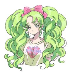 Rule 34 | 1girl, bow, colored eyelashes, commentary request, cropped torso, falulu, green hair, grey eyes, hair bow, happy birthday, heart, long hair, looking at viewer, parted bangs, parted lips, pink bow, pretty series, pripara, rituyama1, shirt, sidelocks, simple background, solo, t-shirt, twintails, upper body, very long hair, wavy hair, white background, white shirt