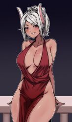 Rule 34 | 1girl, 7a (se7ena), animal ears, bare shoulders, blush, boku no hero academia, breasts, cleavage, covered navel, dark-skinned female, dark skin, dress, hair up, highres, large breasts, long eyelashes, long hair, looking at viewer, mirko, parted bangs, parted lips, pelvic curtain, plunging neckline, rabbit ears, rabbit girl, red dress, red eyes, sitting, sleeveless, sleeveless dress, smile, solo, thighs, toned, white hair