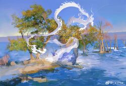 Rule 34 | 1other, absurdres, androgynous, blue cloak, blue sky, chinese commentary, clear sky, cloak, day, dragon, eastern dragon, from side, highres, long hair, mountainous horizon, ocean, original, outdoors, purple hair, rock, scenery, sky, smoke, tree, water, weibo logo, weibo watermark, wide shot, wind, ye (ran chiiipye)