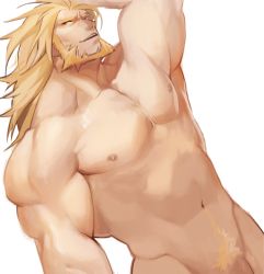 Rule 34 | 1boy, abs, bara, blonde hair, gomtang, guilty gear, leo whitefang, male focus, muscular, nipples, nude, pectorals, penis, pubic hair, solo, tagme
