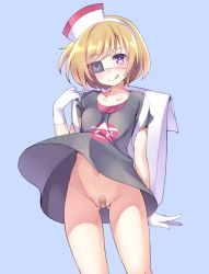 Rule 34 | 1girl, :q, arm behind back, backpack, bag, bandaid, bandaid on pussy, black shirt, blonde hair, blue background, blush, collarbone, copyright request, gloves, groin, hairband, head tilt, maebari, navel, purple eyes, shirt, short sleeves, shouni (sato3), simple background, solo, swept bangs, tongue, tongue out, white gloves