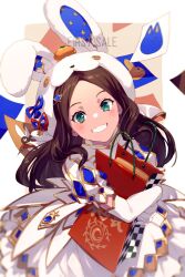 Rule 34 | 1girl, animal hood, blush, breasts, brown hair, dress, echo (circa), fate/grand order, fate (series), food, forehead, fruit, green eyes, grin, hair ornament, hood, leonardo da vinci (fate), leonardo da vinci (fate/grand order), leonardo da vinci (rider) (fate), leonardo da vinci (rider) (third ascension) (fate), long hair, looking at viewer, mandarin orange, parted bangs, puff and slash sleeves, puffy sleeves, rabbit hood, small breasts, smile, solo, star (symbol), star hair ornament, white dress