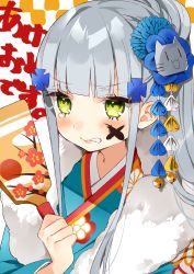 Rule 34 | 1girl, alternate costume, angry, text background, bad id, bad pixiv id, bell, blue flower, blue kimono, blunt bangs, blush, cat hair ornament, clenched teeth, commentary request, facepaint, floral print, flower, girls&#039; frontline, green eyes, hagoita, hair flower, hair ornament, hasegawa (rarairairai), highres, hk416 (girls&#039; frontline), holding, japanese clothes, jingle bell, kimono, long hair, paddle, ponytail, print kimono, siblings, silver hair, sisters, solo, tearing up, tears, teeth, upper body, yukata