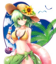 Rule 34 | 1girl, :o, adapted costume, arm behind back, bare shoulders, bikini, bikini top only, breasts, cleavage, collarbone, commentary request, cowboy shot, eyes visible through hair, flower, food, frilled bikini, frilled bikini top, frills, green eyes, green hair, green sarong, hair between eyes, hat, hat flower, highres, ice cream, ice cream cone, ice cream scoop, innertube, komeiji koishi, large breasts, looking at viewer, navel, osashin (osada), sarong, short hair, solo, stomach, straw hat, sun hat, sunflower, swim ring, swimsuit, thigh gap, third eye, touhou, yellow bikini