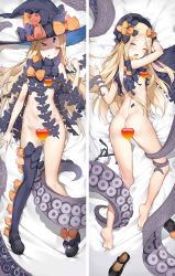 Rule 34 | 1girl, abigail williams (fate), abigail williams (second ascension) (fate), ass, bare arms, barefoot, black bow, black dress, black footwear, black hat, black thighhighs, bloomers, blue eyes, blush, bottomless, bow, breasts, bug, butt crack, butterfly, censored, commentary request, dakimakura (medium), dress, fate/grand order, fate (series), groin, hat, hat bow, heart, heart censor, hokuotzu, insect, keyhole, long hair, looking at viewer, looking back, lying, mary janes, multiple views, navel, nude, on back, on stomach, open mouth, orange bow, parted bangs, parted lips, pink eyes, polka dot, polka dot bow, revealing clothes, shoes, single thighhigh, small breasts, soles, suction cups, tentacles, thighhighs, torn clothes, torn dress, underwear, unworn bloomers, unworn shoes, very long hair, white bloomers, witch hat