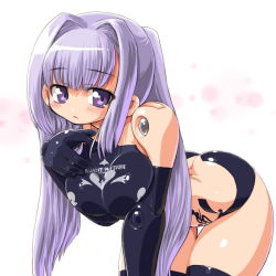 Rule 34 | 10s, 1girl, ass, bad id, bad pixiv id, busou shinki, butt crack, dd (ijigendd), doll joints, elbow gloves, gloves, hair intakes, joints, long hair, purple eyes, purple hair, sharatang, sharatang (busou shinki), solo, thighhighs