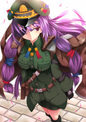 Rule 34 | 1girl, blush, book, boots, bow, breasts, colorized, eyepatch, female focus, gloves, goma azarasi, hair bow, hair ribbon, hat, highres, jacket, large breasts, long hair, military, military uniform, patchouli knowledge, purple eyes, purple hair, revision, ribbon, skirt, solo, sukage, touhou, uniform