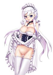 Rule 34 | aftersex, apron, arm guards, azur lane, belfast (azur lane), blush, braid, breasts, broken, broken chain, chain, chain necklace, cleavage, clothes lift, collar, collarbone, corset, cum, cum in pussy, dress, elbow gloves, french braid, frilled dress, frills, gloves, groin, highres, large breasts, long hair, looking at viewer, maid, maid apron, maid headdress, necklace, no panties, open mouth, purple eyes, silver hair, skirt, skirt lift, sleeveless, sleeveless dress, solo, thighhighs, thighs, waist apron, white apron, white background, white gloves, white thighhighs, zha shi