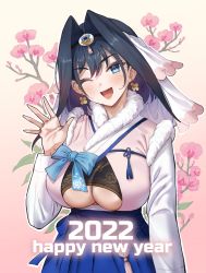 1girl 2022 ;d banned_artist black_hair blue_bow blue_eyes blue_skirt bow breast_curtains breasts cherry_blossoms cleavage cleavage_cutout clothing_cutout commentary_request cowboy_shot earrings fangs floral_print frilled_skirt frills fur_trim hair_between_eyes hair_intakes hair_ornament hanbok hand_up happy_new_year hololive hololive_english jagaimo_(kkamja) jewelry korean_clothes large_breasts leaf long_sleeves looking_at_viewer multicolored_hair new_year one_eye_closed open_mouth original ouro_kronii pink_background purple_hair sidelocks skirt smile solo streaked_hair tassel thick_eyebrows thick_eyelashes two-tone_hair underboob underboob_cutout virtual_youtuber