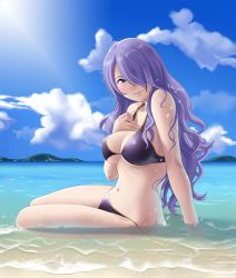 Rule 34 | 1girl, beach, bikini, blue sky, blush, breasts, camilla (fire emblem), cleavage, cloud, curly hair, fire emblem, fire emblem fates, hair over one eye, highres, large breasts, long hair, looking at viewer, navel, nintendo, ocean, partially submerged, purple eyes, purple hair, sand, sitting, sky, smile, solo, stomach, sunlight, swimsuit, thor (deep rising), underboob, water, wet