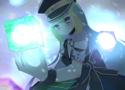 Rule 34 | 1girl, absurdres, alina gray, amane hikari, aqua eyes, black bow, black hat, black necktie, black vest, blunt ends, bow, brooch, chain, collar, cross tie, detached collar, fur cuffs, gem, green gemstone, green hair, hair between eyes, hat, highres, jewelry, lapels, long hair, looking at viewer, magia record: mahou shoujo madoka magica gaiden, magical girl, mahou shoujo madoka magica, multicolored clothes, multicolored hair, multicolored skirt, necktie, notched lapels, peaked cap, pleated skirt, puffy short sleeves, puffy sleeves, see-through, see-through sleeves, short sleeves, sidelocks, skirt, sleeve cuffs, smile, solo, straight hair, streaked hair, striped clothes, striped skirt, v-neck, vertical-striped clothes, vertical-striped skirt, very long hair, vest, waist bow, white collar, white sleeves