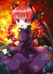 Rule 34 | 1girl, :d, animal ears, black bow, blush, bow, braid, cat ears, dress, extra ears, fire, fire, hair bow, highres, holding, juliet sleeves, kaenbyou rin, long sleeves, nekomata, open mouth, orange background, puffy sleeves, red eyes, red hair, ruu (tksymkw), smile, solo, touhou, twin braids, v-shaped eyebrows, wheelbarrow