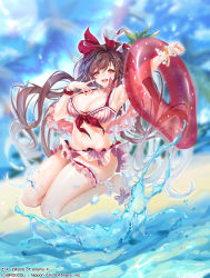 Rule 34 | 1girl, beach, bikini, blurry, blush, bow, bracelet, breasts, brown hair, cleavage, commentary request, depth of field, finger to mouth, frills, highres, holding, holding swim ring, innertube, jewelry, large breasts, long hair, nail polish, navel, obiwan, palm tree, red nails, sandals, sky, smile, solo, splashing, striped bikini, striped clothes, swim ring, swimsuit, tree, water, z/x