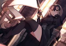 Rule 34 | 1girl, alcohol, black gloves, black thighhighs, blonde hair, commentary request, crossed legs, cup, drinking glass, elbow gloves, fate/apocrypha, fate/grand order, fate (series), flag, gauntlets, gloves, headpiece, holding, holding cup, holding drinking glass, jeanne d&#039;arc (fate), jeanne d&#039;arc alter (avenger) (fate), jeanne d&#039;arc alter (fate), looking at viewer, looking down, rizky (strated), short hair, sitting, solo, thighhighs, window, wine, wine glass, yellow eyes