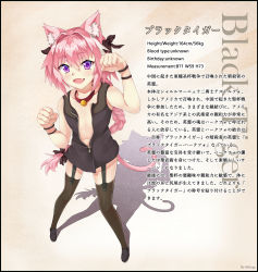 Rule 34 | 1boy, :d, absurdres, animal ears, artist name, astolfo (fate), bell, bilingual, black bow, black footwear, black thighhighs, blush, bow, bracelet, braid, cat boy, cat ears, cat tail, character profile, collar, collarbone, commentary request, english text, fang, fate/apocrypha, fate (series), from above, garter straps, hair between eyes, hair bow, hair intakes, hands up, highres, jewelry, jingle bell, kemonomimi mode, legs apart, lips, long hair, looking at viewer, looking up, male focus, miloge, mixed-language text, multicolored hair, navel, neck bell, open mouth, paw pose, pink hair, purple eyes, raised eyebrows, red collar, shadow, shoes, single braid, sleeveless, smile, solo, standing, streaked hair, tail, thick eyebrows, thighhighs, translation request, trap, two-tone hair, unzipped, very long hair, white hair