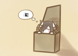 Rule 34 | 1girl, august von parseval (azur lane), azur lane, ballot, black hair, box, chibi, curled horns, closed eyes, hair over one eye, horns, in box, in container, koti, long hair, mechanical horns, shadow, simple background, solo, thought bubble, yellow background