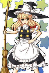 Rule 34 | 1girl, bad id, bad pixiv id, blonde hair, broom, female focus, hat, highres, kirisame marisa, shirokuma a, skirt, solo, star (symbol), touhou, white background, witch, witch hat, yellow eyes