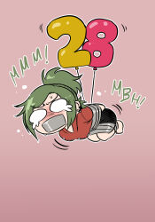 Rule 34 | 1girl, balloon, barefoot, birthday, bound, bound arms, bound legs, castagno, character age, chibi, crying, english text, floating, full body, gag, gagged, green hair, highres, hug, improvised gag, issa castagno (character), messy hair, muffled, original, ponytail, short sleeves, shorts, solo, struggling, tape, tape gag