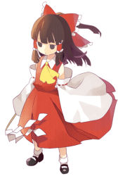 Rule 34 | 1girl, ascot, bow, brown hair, detached sleeves, empty eyes, female focus, full body, gohei, grey eyes, hair bow, hair tubes, hakurei reimu, mary janes, ponytail, shionty, shoes, short hair, solo, touhou, white background, wide sleeves