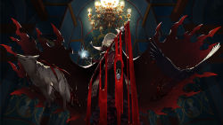 Rule 34 | 1girl, ao fujimori, bird, black bird, blood, blood splatter, bug, butterfly, cape, chandelier, collared cape, crown, dark, fangs, grey hair, highres, insect, long sleeves, looking at viewer, room, short hair, skirt, skull, smile, solo, sword, teeth, torn clothes, uniform, vampire, weapon, wolf, yellow eyes