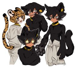 Rule 34 | 2boys, animal ears, animal hands, arm grab, artist name, bags under eyes, black fur, black hair, body fur, brown eyes, brown hair, cat boy, cat ears, cat tail, cheetah boy, cheetah ears, cheetah tail, claws, commentary, cowboy shot, deviidog0, ear piercing, english commentary, fangs, glowing, glowing eyes, hand up, highres, holding own arm, long sleeves, looking at viewer, male focus, monster boy, mouth pull, multicolored hair, multiple boys, open mouth, original, piercing, short hair, simple background, tail, topless male, twitter username, two-tone hair, white background, yellow collar, yellow eyes