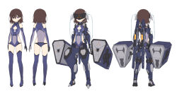 Rule 34 | 1girl, armored boots, ass, bare shoulders, black gloves, black thighhighs, blue footwear, blue leotard, boots, breasts, brown hair, cleavage cutout, clothing cutout, copyright request, covered navel, eye mask, gloves, heijialan, highres, leotard, mecha musume, multiple views, official art, purple eyes, simple background, small breasts, thigh boots, thighhighs, white background