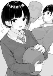Rule 34 | 1girl, :d, absurdres, asmr, binaural microphone, blowing, blush, breasts, cardigan, collared shirt, dress shirt, greyscale, highres, long sleeves, medium breasts, microphone, monochrome, multiple views, necktie, notice lines, open mouth, original, plaid necktie, school uniform, shirt, short hair, sleeves past wrists, smile, takenoko no you, translation request