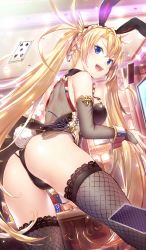 Rule 34 | 1girl, :d, animal ears, arm support, ass, back, black gloves, black leotard, blonde hair, blue eyes, bradamante (fate), bradamante (welcome bunny) (fate), braid, breasts, bridal gauntlets, buriki, card, casino, craft essence (fate), crown braid, curvy, elbow gloves, fake animal ears, fake tail, fate/grand order, fate (series), fishnet thighhighs, fishnets, from side, gloves, hairband, highleg, highleg leotard, highres, huge ass, lace, lace-trimmed legwear, lace trim, leotard, long hair, looking back, medium breasts, official art, open mouth, playboy bunny, playing card, poker chip, rabbit ears, rabbit tail, smile, solo, table, tail, teeth, thighhighs, twintails, v-shaped eyebrows, very long hair, wrist cuffs