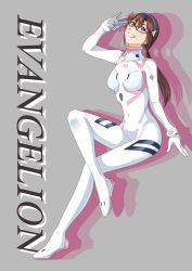 Rule 34 | 1girl, arm support, arm up, blue eyes, bodysuit, breasts, brown hair, copyright name, covered navel, crossed legs, evangelion: 3.0+1.0 thrice upon a time, full body, glasses, grey background, grin, hairband, highres, hirohirari, invisible chair, long hair, looking at viewer, makinami mari illustrious, medium breasts, neon genesis evangelion, official alternate costume, pilot suit, plugsuit, rebuild of evangelion, red-framed eyewear, sitting, smile, solo, twintails, white bodysuit