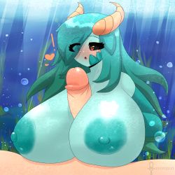Rule 34 | !, 1boy, 1girl, :o, black sclera, blue skin, blush, breasts, bubble, calamity mod, colored nipples, colored sclera, colored skin, eyes visible through hair, gigantic breasts, green hair, hair over one eye, heart, highres, horns, large areolae, large penis, long hair, mistpirit, monster girl, paizuri, penis, red eyes, scales, siren (calamity mod), solo focus, terraria, uncensored, underwater, upper body