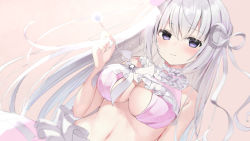 Rule 34 | 1girl, bare arms, bare shoulders, bra, breasts, cleavage, dutch angle, frills, hair ribbon, hand up, highres, holding, large breasts, long hair, looking at viewer, mimikaki, navel, original, pink bra, purple eyes, ribbon, smile, solo, stomach, underwear, upper body, virtual youtuber, white hair, zukan (db tyoutyo)