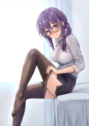 Rule 34 | 1girl, black pantyhose, black skirt, blush, breasts, clothes pull, commentary request, glasses, hair between eyes, highres, indoors, koyuki (kotatsu358), large breasts, long hair, looking at viewer, miniskirt, office lady, original, paid reward available, pantyhose, pantyhose pull, pulling own clothes, purple eyes, purple hair, scrunchie, shirt, shy, side ponytail, sitting, skirt, smile, solo, undressing