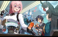 1boy 3girls animal_ear_fluff animal_ears asaba_harumasa asaba_harumasa_bangboo bangboo_(zenless_zone_zero) black_hair black_necktie blunt_bangs breasts chromatic_aberration dress_shirt fox_ears fox_girl glasses green_jacket hairband horns hoshimi_miyabi hoshimi_miyabi_bangboo indoors jacket large_breasts long_hair mm_(motot) multiple_girls necktie oni open_mouth pink_eyes pink_hair pointy_ears red_eyes shirt short_hair sidelocks sitting smile soukaku_(zenless_zone_zero) soukaku_bangboo tsukishiro_yanagi white_hair zenless_zone_zero