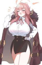 Rule 34 | 1girl, akitokage, aru (blue archive), black skirt, blue archive, breasts, brown coat, coat, fur collar, gloves, hand on own hip, highres, horns, large breasts, long hair, open mouth, orange eyes, pink hair, pink ribbon, ribbon, shirt, skirt, solo, white gloves, white shirt