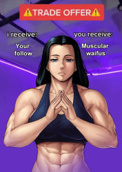 Rule 34 | 1girl, abs, absurdres, black hair, blue eyes, english text, gradient background, highres, long hair, meme, muscular, muscular female, purple background, solo, speedl00ver, sports bra, tank top, toned, trade offer (meme)