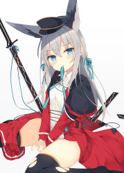 Rule 34 | 1girl, animal ears, between legs, black capelet, black hat, black thighhighs, blue eyes, blue ribbon, blush, bow, braid, capelet, closed mouth, collared shirt, dress, feet out of frame, fox ears, grey background, grey hair, hair between eyes, hair bow, hair ribbon, hand between legs, hat, head tilt, highres, long hair, long sleeves, looking at viewer, military hat, mouth hold, nibiiro shizuka, no shoes, original, peaked cap, pleated skirt, red dress, red skirt, ribbon, ribbon in mouth, shirt, simple background, sitting, skirt, skirt around one leg, sleeves past wrists, solo, striped bow, striped ribbon, sword, thighhighs, torn clothes, torn thighhighs, very long hair, wariza, weapon