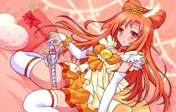 Rule 34 | 1girl, arm warmers, bow, bow-shaped hair, brooch, choker, cure sunny, cure sunny (princess form), dress, dutch angle, gift, hamuten (hmltzero), heart, heart-shaped pillow, highres, hino akane (smile precure!), jewelry, long hair, looking at viewer, magical girl, orange background, orange bow, orange hair, orange neckwear, orange skirt, orange theme, pillow, precure, red bow, red eyes, sitting, skirt, smile precure!, solo, thighhighs, tiara, wand, wariza, white sleeves, white thighhighs, yellow dress, zettai ryouiki