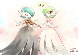 Rule 34 | alternate color, black dress, blue hair, bob cut, colored skin, creatures (company), dated, dress, game freak, gardevoir, gen 3 pokemon, green hair, hair over one eye, holding, holding instrument, holding violin, instrument, kitaro2000, mega gardevoir, mega pokemon, music, musical note, nintendo, no humans, own hands together, pink eyes, playing instrument, pokemon, pokemon (creature), shiny pokemon, singing, strapless, strapless dress, violin, white dress, white skin