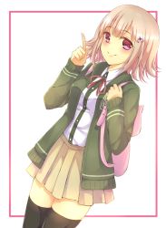 Rule 34 | 1girl, backpack, bag, black thighhighs, bow, collared shirt, commentary request, danganronpa (series), danganronpa 2: goodbye despair, dress shirt, flipped hair, green hoodie, hair ornament, hairclip, hood, hoodie, long sleeves, nanami chiaki, pink eyes, pink hair, pleated skirt, pointing, pointing up, red bow, school uniform, shirt, skirt, smile, solo, thighhighs, watoson, white background