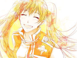 Rule 34 | 1girl, :d, asukawvm, blonde hair, d.gray-man, earrings, closed eyes, facing viewer, floating hair, jacket, jewelry, lenalee lee, limited palette, long hair, open mouth, simple background, smile, solo, upper body, very long hair, white background