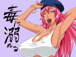 Rule 34 | armband, armpits, blue eyes, breasts, capcom, covered erect nipples, final fight, hat, huge breasts, jewelry, large breasts, lipstick, long hair, makeup, ml, nail polish, nipples, open mouth, pink hair, pink lips, poison (final fight), red nails, street fighter, teeth, text focus, tongue, tongue out, translation request, wink