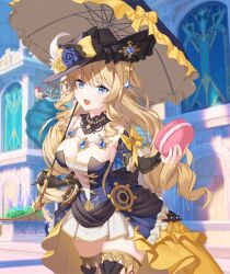 Rule 34 | 1girl, absurdres, alexistwo2, black flower, black hat, blonde hair, blue eyes, blue gemstone, breasts, cleavage, cowboy shot, dress, drill hair, drill sidelocks, flower, food, gem, genshin impact, gold trim bow, hat, hat feather, hat flower, highres, holding, holding umbrella, lace-trimmed collar, lace trim, large breasts, long hair, looking at viewer, macaron, navia (genshin impact), open mouth, outdoors, rose, sidelocks, solo, strapless, strapless dress, thighhighs, umbrella, yellow flower, yellow rose