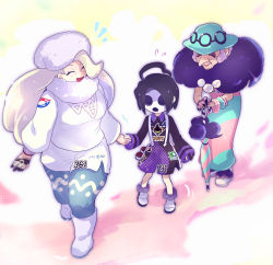 Rule 34 | 1boy, 2girls, allister (pokemon), black hair, blush, breasts, cane, chiimako, closed eyes, commentary request, creatures (company), dress, feather boa, game freak, hair ornament, hat, holding hands, long hair, long sleeves, mask, mature female, melony (pokemon), multiple girls, nintendo, old, old woman, opal (pokemon), open mouth, pantyhose, pokemon, pokemon swsh, short hair, smile