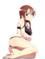 Rule 34 | 1girl, ass, bikini, black bikini, brown eyes, brown hair, commentary request, full body, long hair, looking at viewer, minna-dietlinde wilcke, nanashino, simple background, sitting, smile, solo, strap slip, strike witches, swimsuit, white background, world witches series, yokozuwari