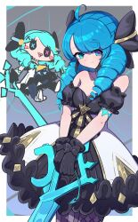 Rule 34 | 1girl, :d, absurdres, ahoge, bare shoulders, black bow, black gloves, black sleeves, blue hair, blush stickers, bow, breasts, character doll, closed mouth, collarbone, cowboy shot, detached sleeves, dress, drill hair, gloves, grey dress, gwen (league of legends), hair bow, highres, holding, holding scissors, league of legends, long hair, looking at viewer, medium breasts, monakan japan, open mouth, oversized object, pantyhose, scissors, smile, solo, standing, swept bangs, twin drills, twintails