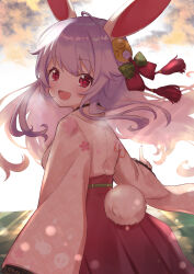 Rule 34 | 1girl, :d, ahase hino, animal ears, blush, cloud, commentary request, cowboy shot, from behind, hair ornament, hakama, highres, japanese clothes, kimono, long hair, long sleeves, looking at viewer, looking back, open mouth, outdoors, pink kimono, purple hair, rabbit ears, rabbit girl, rabbit tail, red skirt, reisen udongein inaba, skirt, smile, solo, tail, touhou, wide sleeves